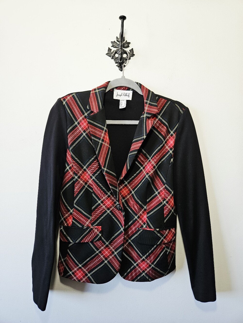 Joseph Ribkoff Plaid Single Breasted Blazer Size 6 Ruffle Back Jacket